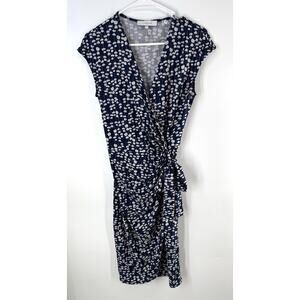 Lark & Ro Wrap Dress Blue White Floral Small Cap Sleeve Stretch V-neck
